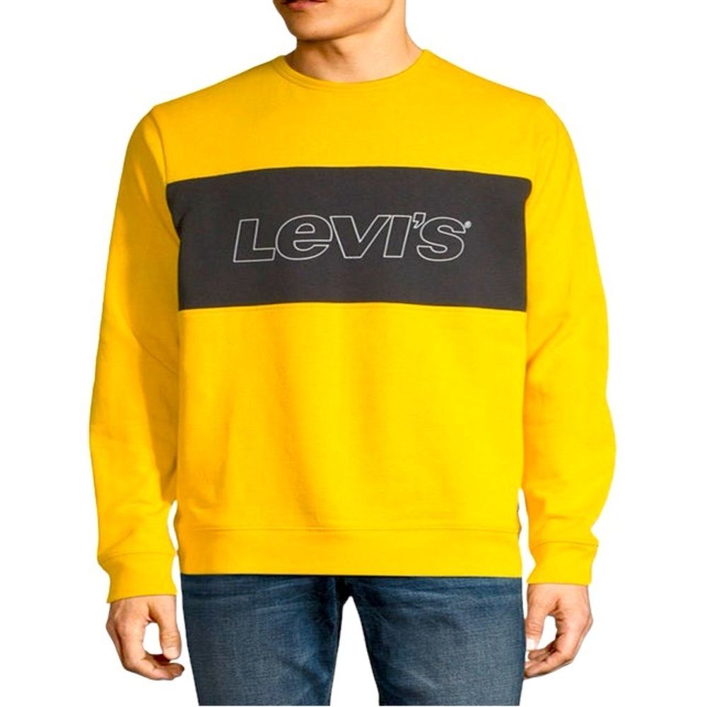 NWT Levi's Logo Spellout Yellow Black Crew Neck Fleece Sweatshirt Men's size XXL - Picture 2 of 9